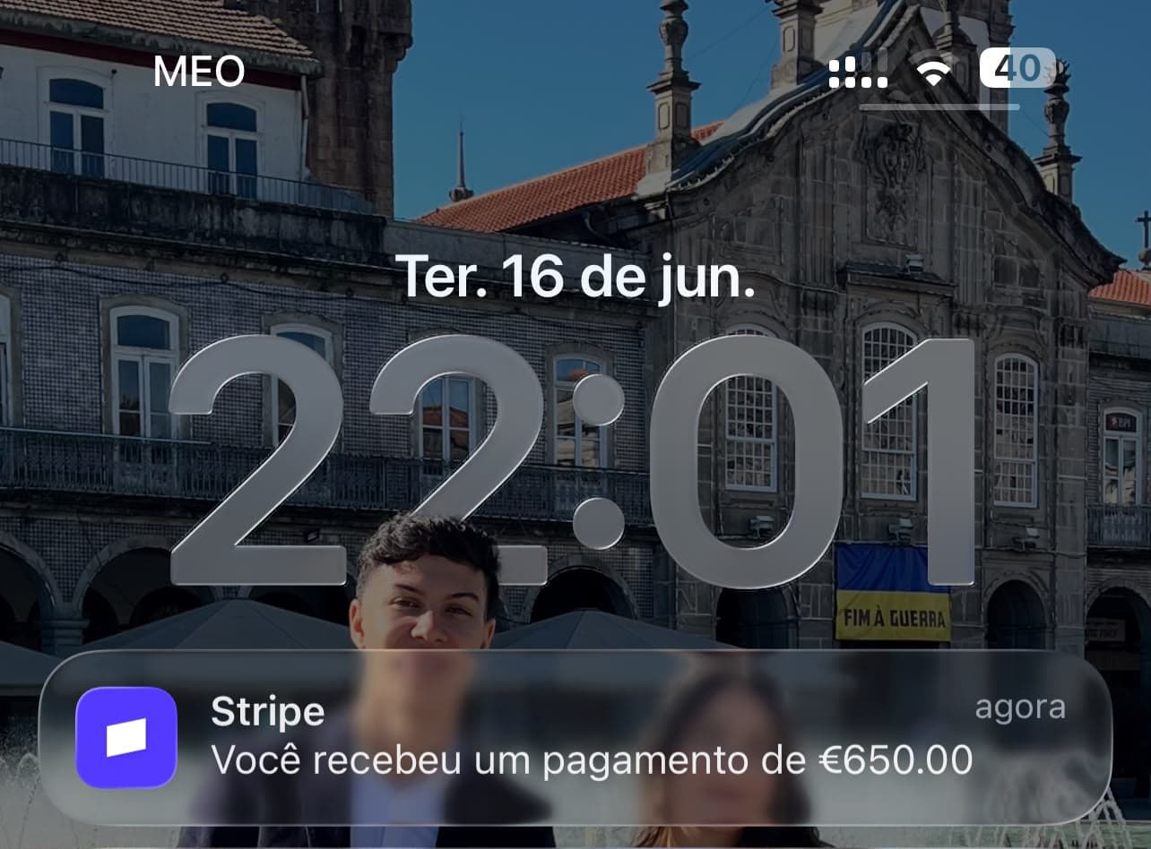 Notificação de pagamento Stripe na tela de bloqueio do Junior
