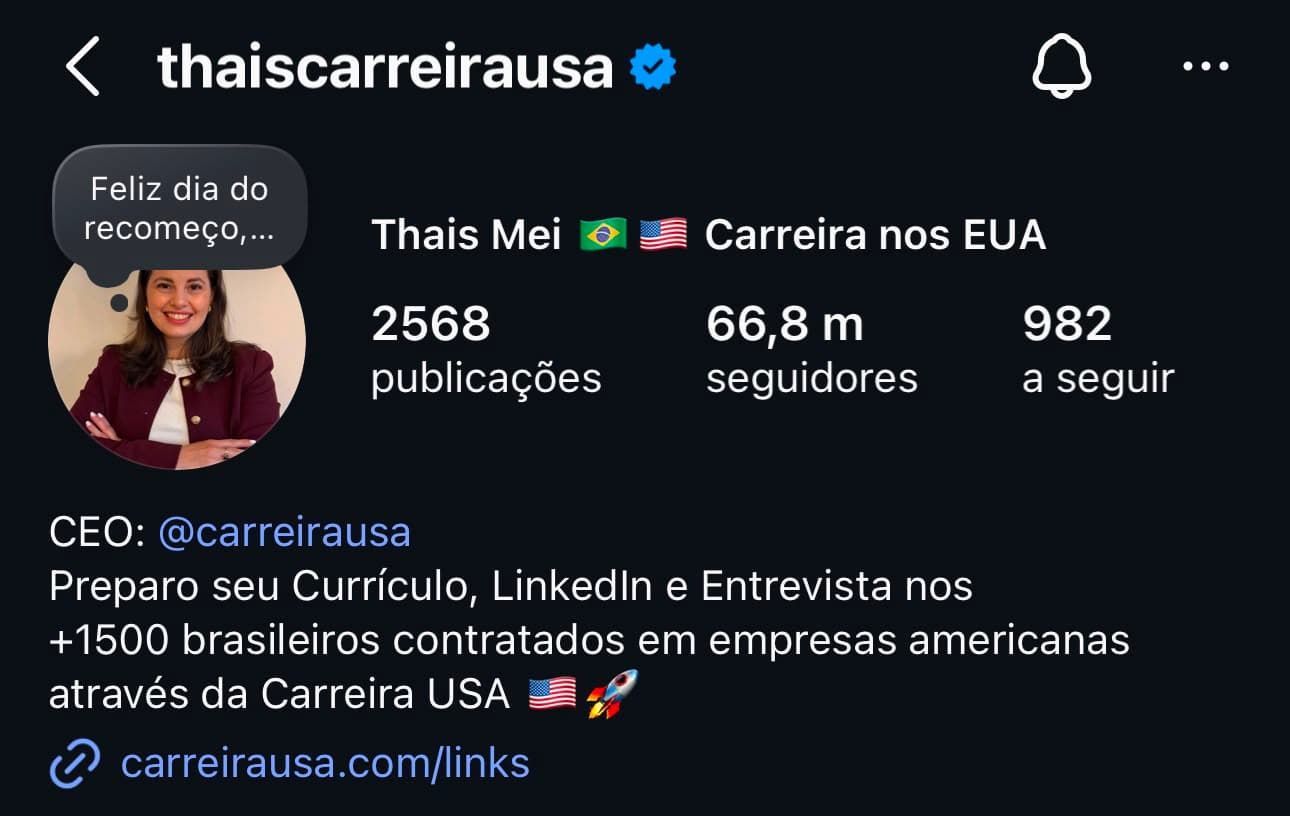 Perfil Instagram de Thaís Mei · Carreira USA